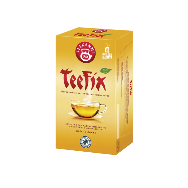 Teekanne Teefix, Schwarzteemischung, Teebeutel im Kuvert